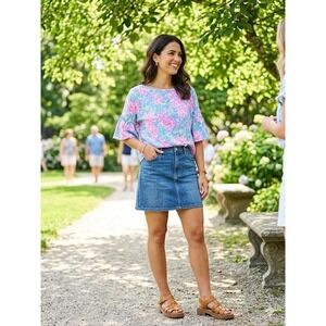 Lilly Pulitzer-Let it Gough-print Pink Floral Bell Sleeve Ruffle Knit Shirt XL